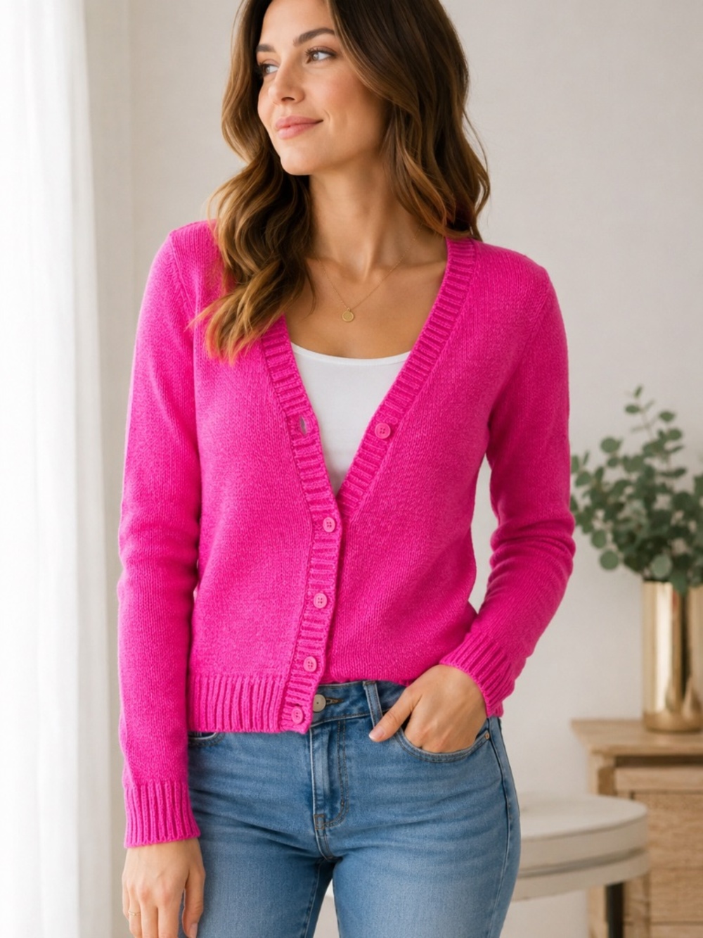 LOFT Hot Pink Knit Cardigan Sweater Medium Soft Lightweight Layering Piece